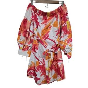 NY and Company Abstract Off Shoulder Tie Waist Dress White Red Orange Yellow XS